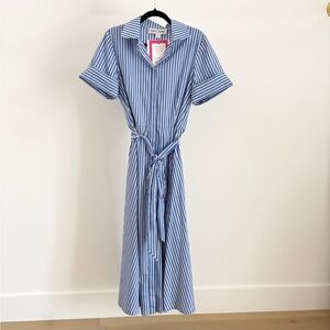 SARA CAMPBELL Marisol Blue and White Striped Midi Dress With a Bow Size S NWT